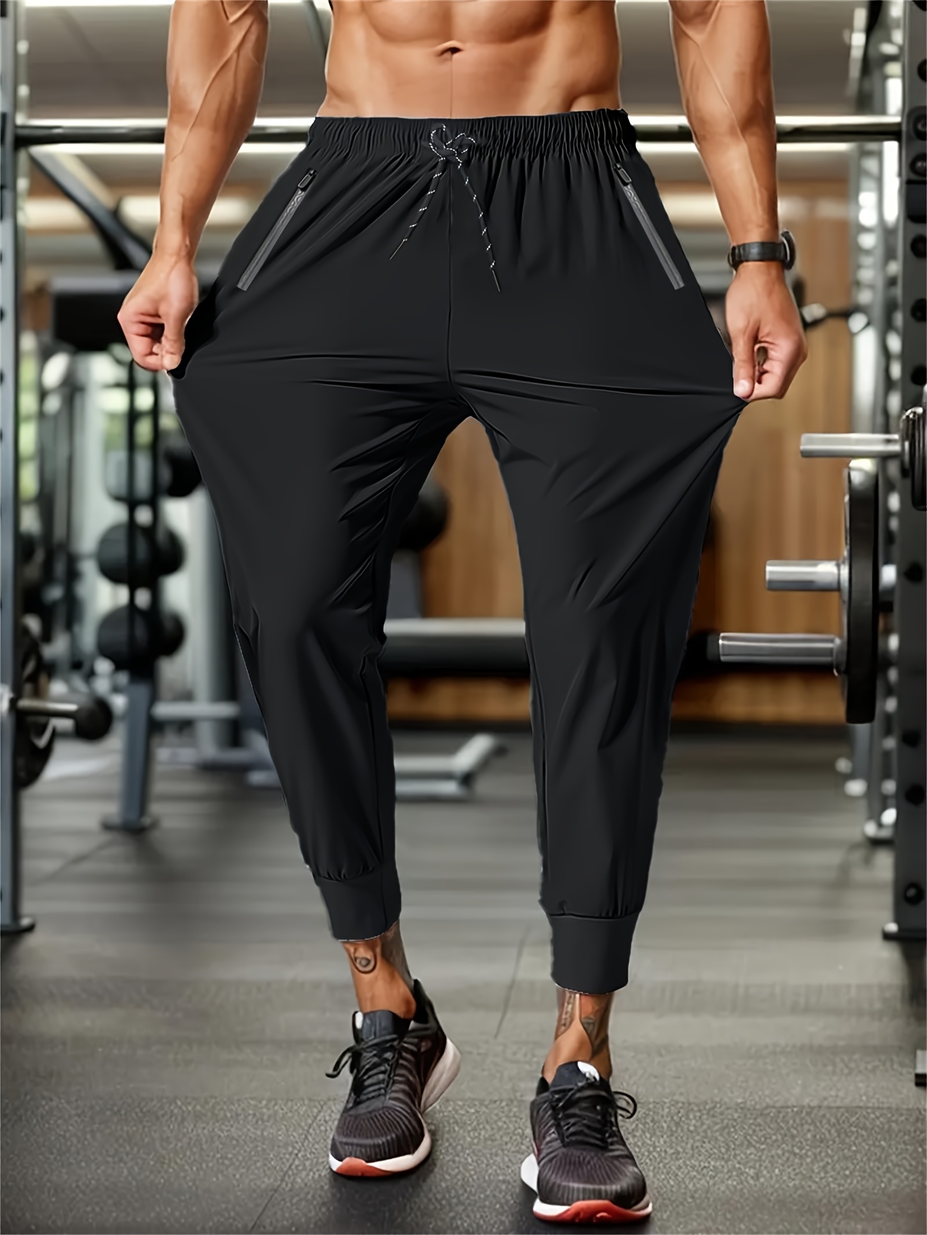 Men's Casual Joggers - Fashionable Tapered Sports Pants, Comfortable Running Trousers, Polyester Blend, Solid Color, Zip Detail, Machine Washable for Spring/Fall, Autumn, Basic, Zipper