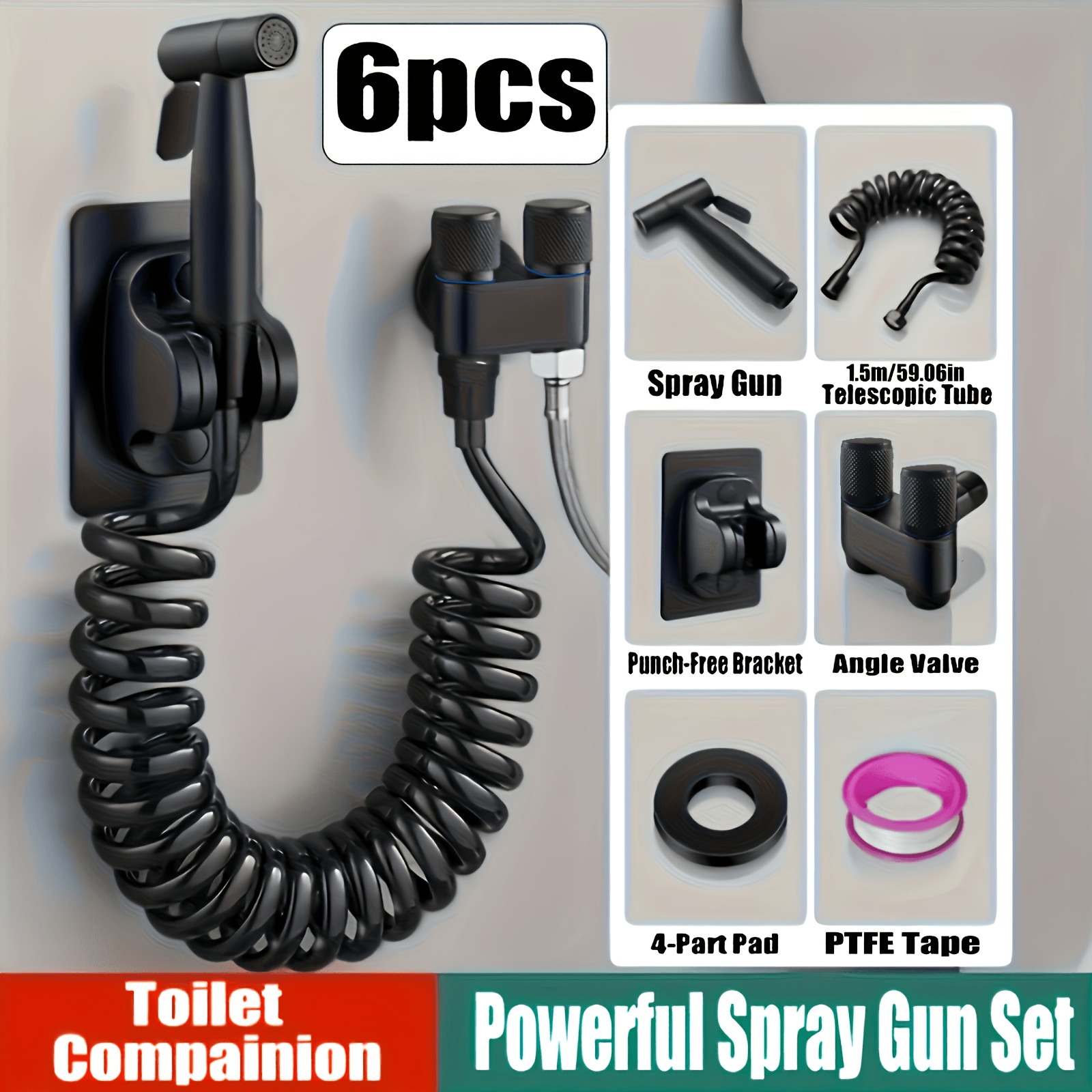 Image of 6pcs Premium Dual-function High-pressure Toilet Sprayer Set - Dual-outlet Splitter + Quick-release Wall Mount | Rotating Lock Bathroom Cleaning Accessories | Shower Pet Wash