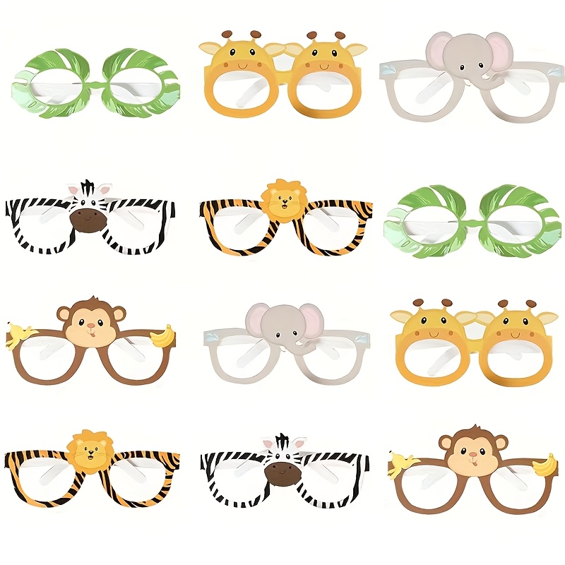 Image of 12pcs/set Cartoon Jungle Animals Paper Goggle Frames, Jungle Theme Birthday Party Photo Decoration Supplies, Perfect For Halloween & Christmas