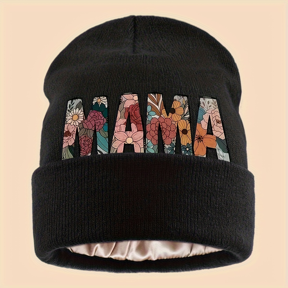 TEMU 1pc Fashionable Letter Print Knit Hat With "mama" And Floral Pattern Print Design, Urban Warm Headwear For Men And Women, Outdoor Cold-proof