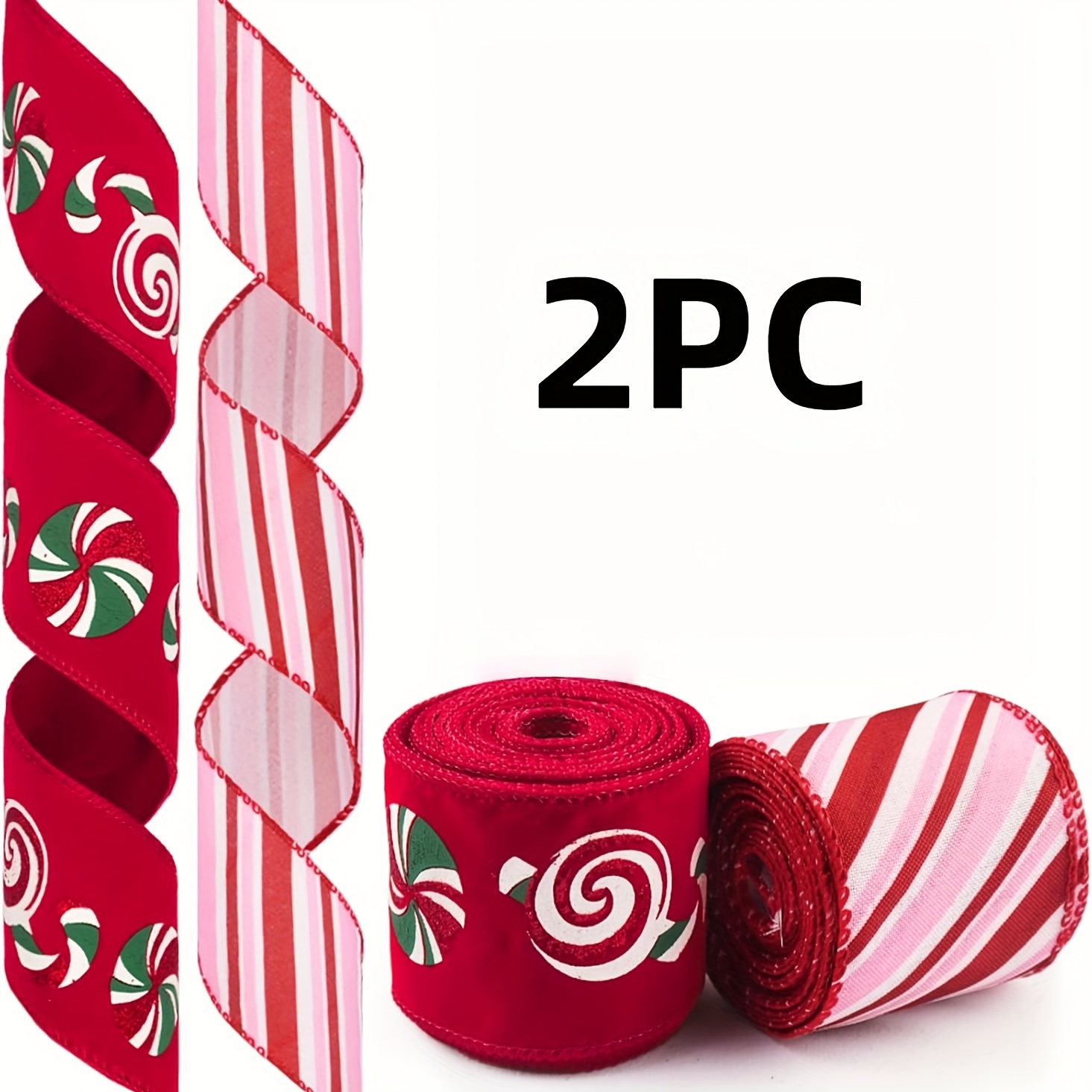 TEMU 2 Rolls Of Christmas Red Candy Cane Decorations With Wired Edge Ribbon. 5 Inches, Christmas Candy Cane Striped Ribbon For Wreaths, Making Bows,