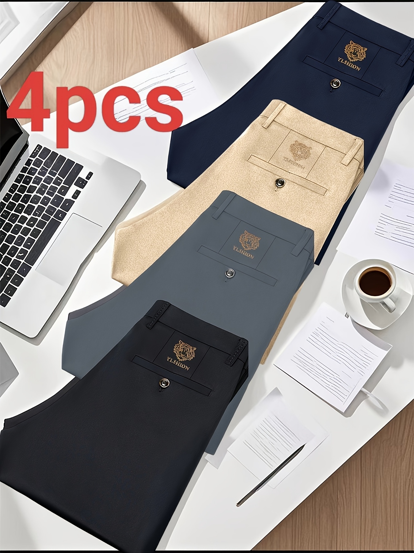 4 Pairs of Men's Lightweight Business Trousers, Made of Fashionable and Comfortable Fabric, Suitable for All Seasons and Formal Occasions