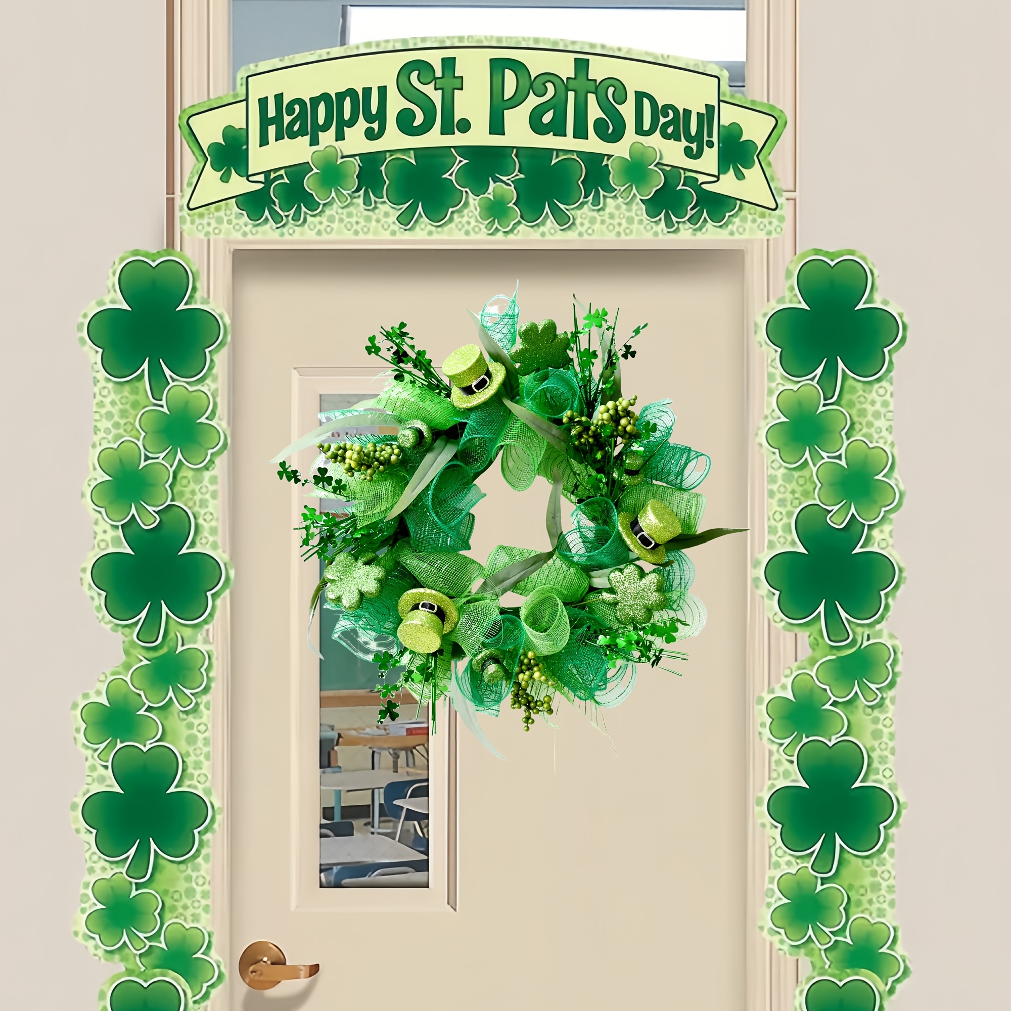 

1pc, 20 Inch Classic Mesh Wreath With Artificial Shamrock And Hats, Plastic Door For 's Day, New Year, Spring/summer, No Electricity Needed, Featherless - Ideal For Home, Front Door, Supplies