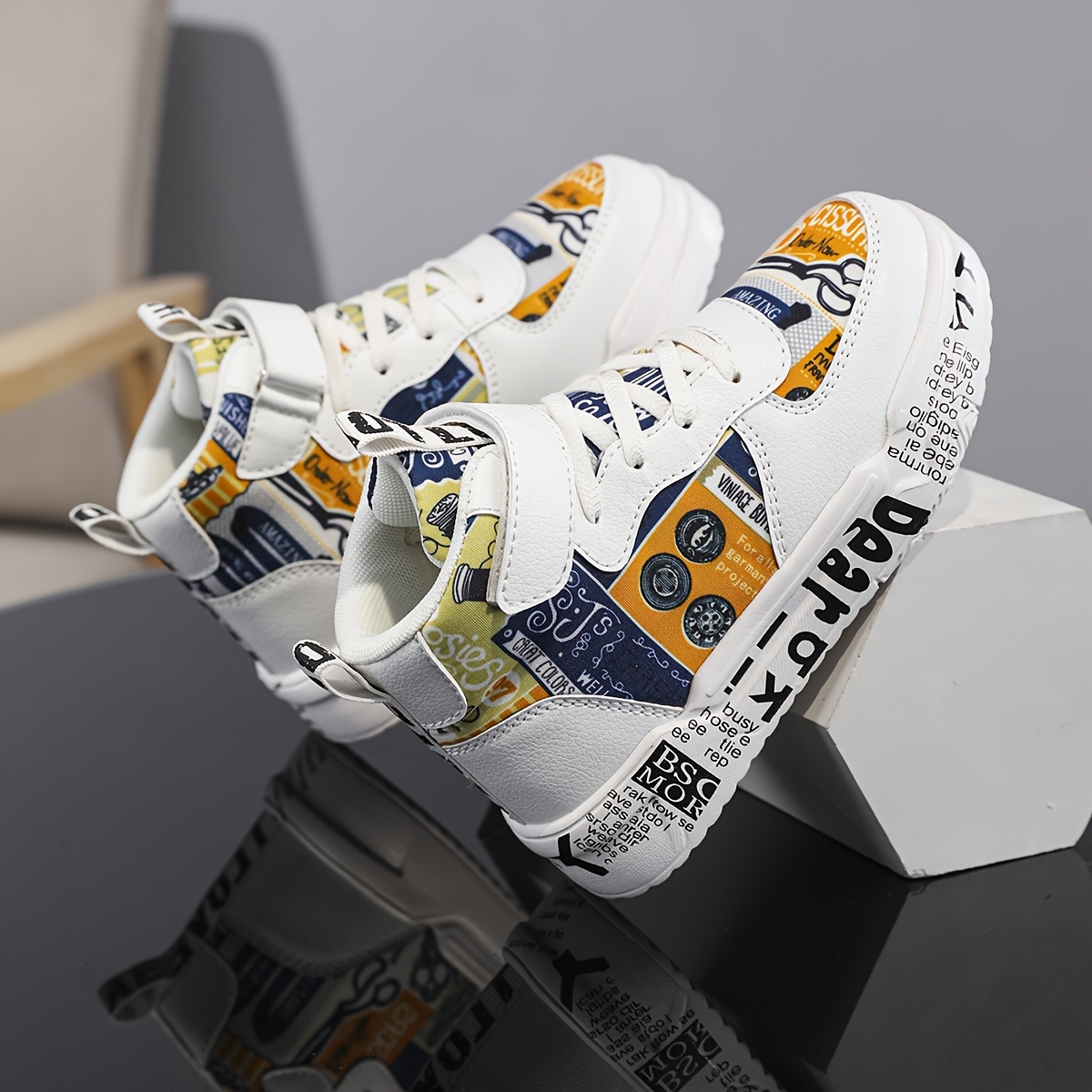 Youngsters' Comfortable Mid-Top Sneakers with Closure, Colorful Random Print Design, Breathable PU/Fabric Upper & EVA Cushioned Sole - All-Season Casual Shoes for Boys & Girls, School, Outdoor Play & Daily Activities, Kid Shoes, School Footwear, Stylish Stitching Details, Fabric Lined Interior