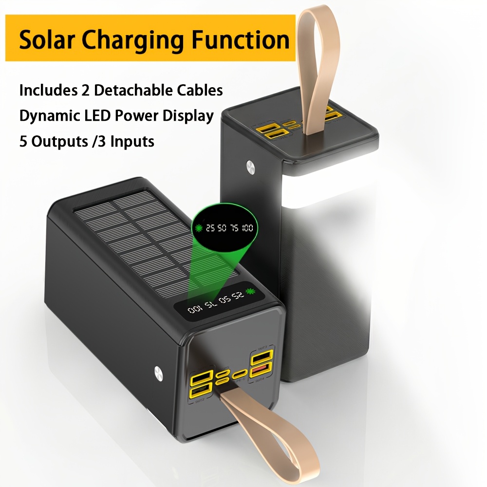 TEMU 60, 000mah High-capacity Solar Power Bank, Portable Charger, Outdoor Portable Multi-output Port Battery Pack, Comes With 3 Cables, Leather