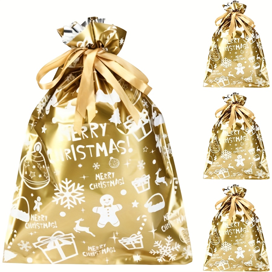Image of Christmas Drawstring Bags - 4pcs Large Size 29 * 43cm Gift Wrapping Bags, Green With White Snowflake And Bell, Christmas Tree For Party