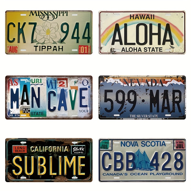 

6pcs, Retro American License Plate Metal Tin Signs, Man Cave City Car Front Car Plates, Metal Plaque For Home Decor, Bar Garage Pub Bedroom Funny Wall Decor, Water-proof, Dust-proof, 6x12 Inch