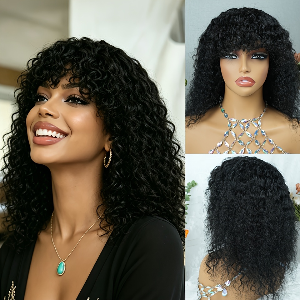 Image of Deep Curly Human Hair Wig With Bangs Curly Wave & Water Wave 200% Density Brazilian Human Hair Wig Full Machine Women Suitable For Daily Use And Major Festivals
