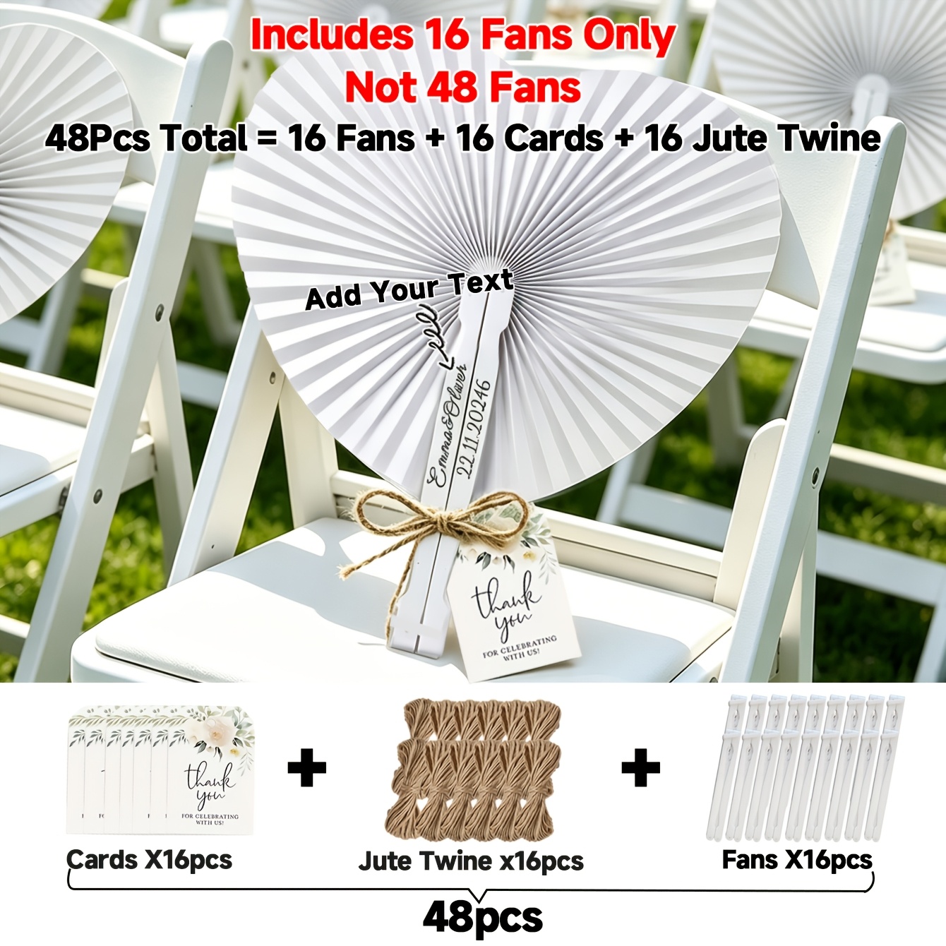 TEMU 48pcs Customizable Rustic Heart-shaped Handheld Fan Favor Set, Includes 16 Complete Gifts, Personalized With Custom Text, Names, And Dates.
