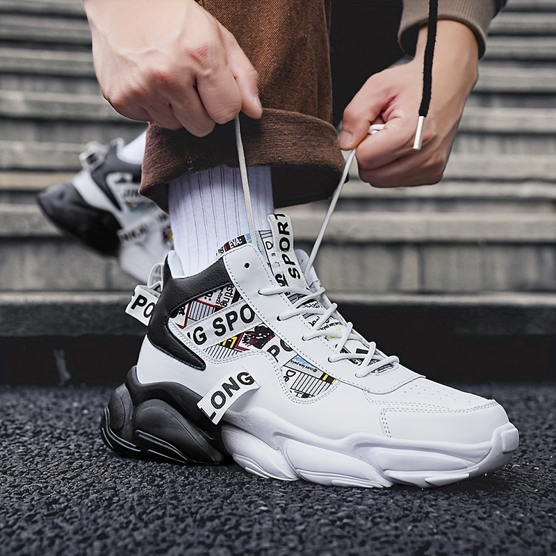 Zapatillas casuales de caña alta para hombre con patrón aleatorio, ajuste universal, cierre de cordones, uso para todas las estaciones, punta redonda, suela de PVC, plantilla de tela y parte superior de imitación.