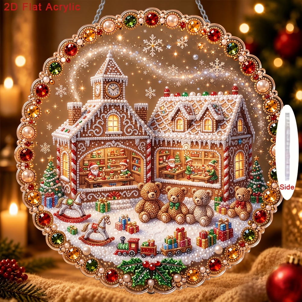 TEMU 2d/flat Printing New Acrylic Pearl Drill Pendant Kit Featuring Gingerbread Workshop Christmas Tale Pattern, Includes Drill Tool And Pearl Bag,