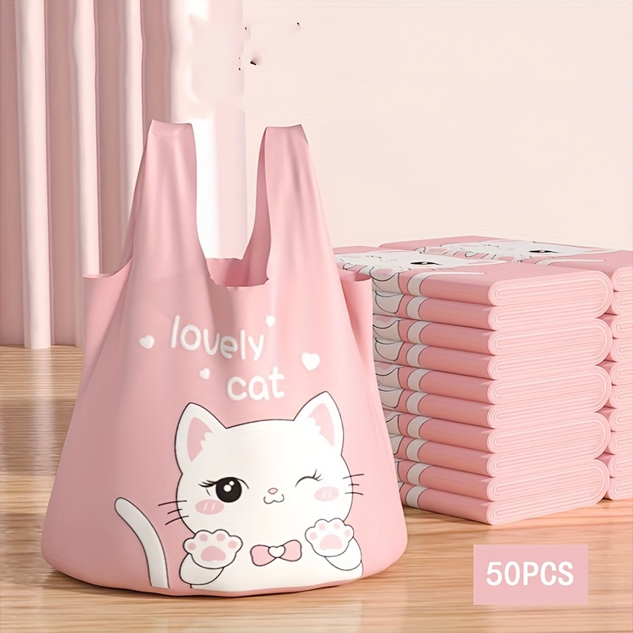 

50pcs Cute Pink Kitten Drawstring Trash Bags, 4 Gallon, Extra Thick 30μm, Home & Shopping Use