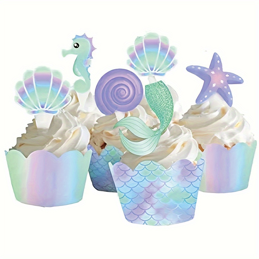 

40pcs, Mermaid Cupcake Wrappers Toppers Set, Including 20pcs Cake Toppers And 20pcs Wrappers Double Side, Little Mermaid Theme Decoration Under The Sea Birthday Shower Party Favor