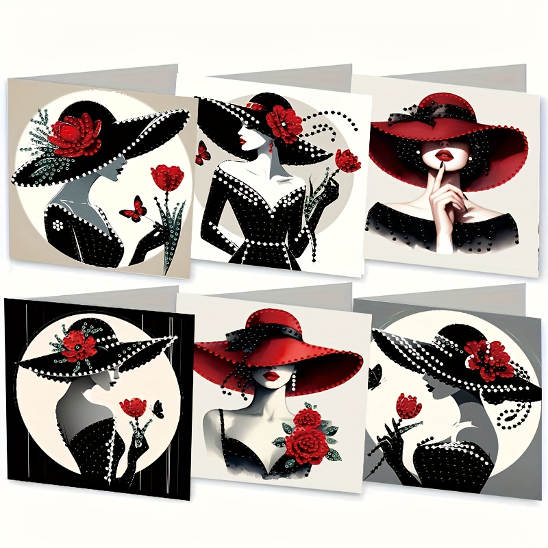 TEMU 6 Cartes de Vœux en Peinture Diamant, Décoration avec Strass, Nouveau Style Minimaliste avec 6 Enveloppes - Cadeau Idéal pour Anniversaires,