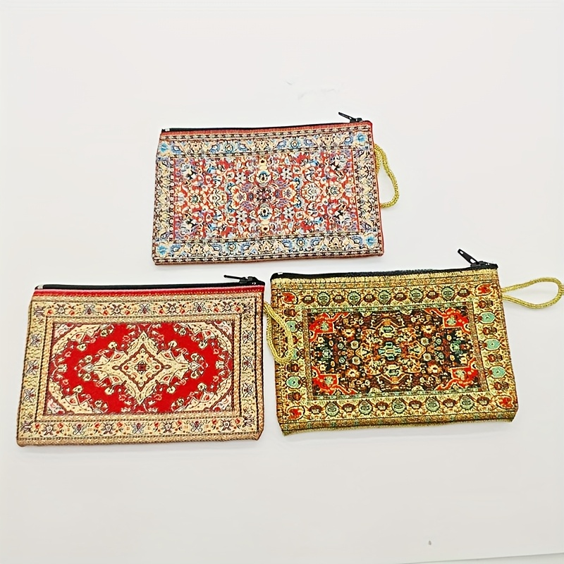 TEMU 3pcs/4pcs/6pcs Large Capacity Retro Floral Coin Purses, Nylon Material With Zipper Closure, Fashionable And Easy