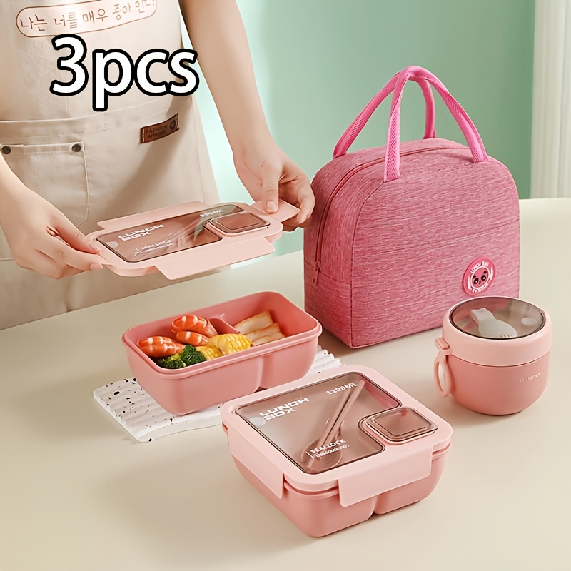 

3pcs Heart Leaf Insulated Lunch Box Set, Microwave Safe Plastic Meal Containers With 850ml Breakfast Cup And Thermal Tote Bag, Manual Rectangular Bento Box Kit For Food Storage And Transport