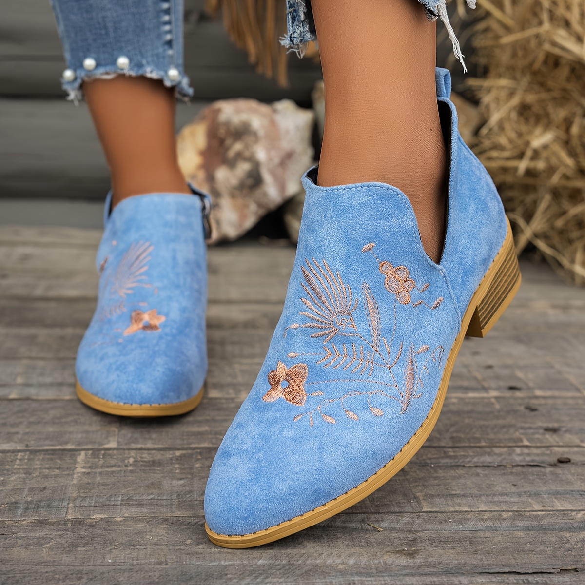 women's floral embroidered ankle boots low heel side Temu Ireland
