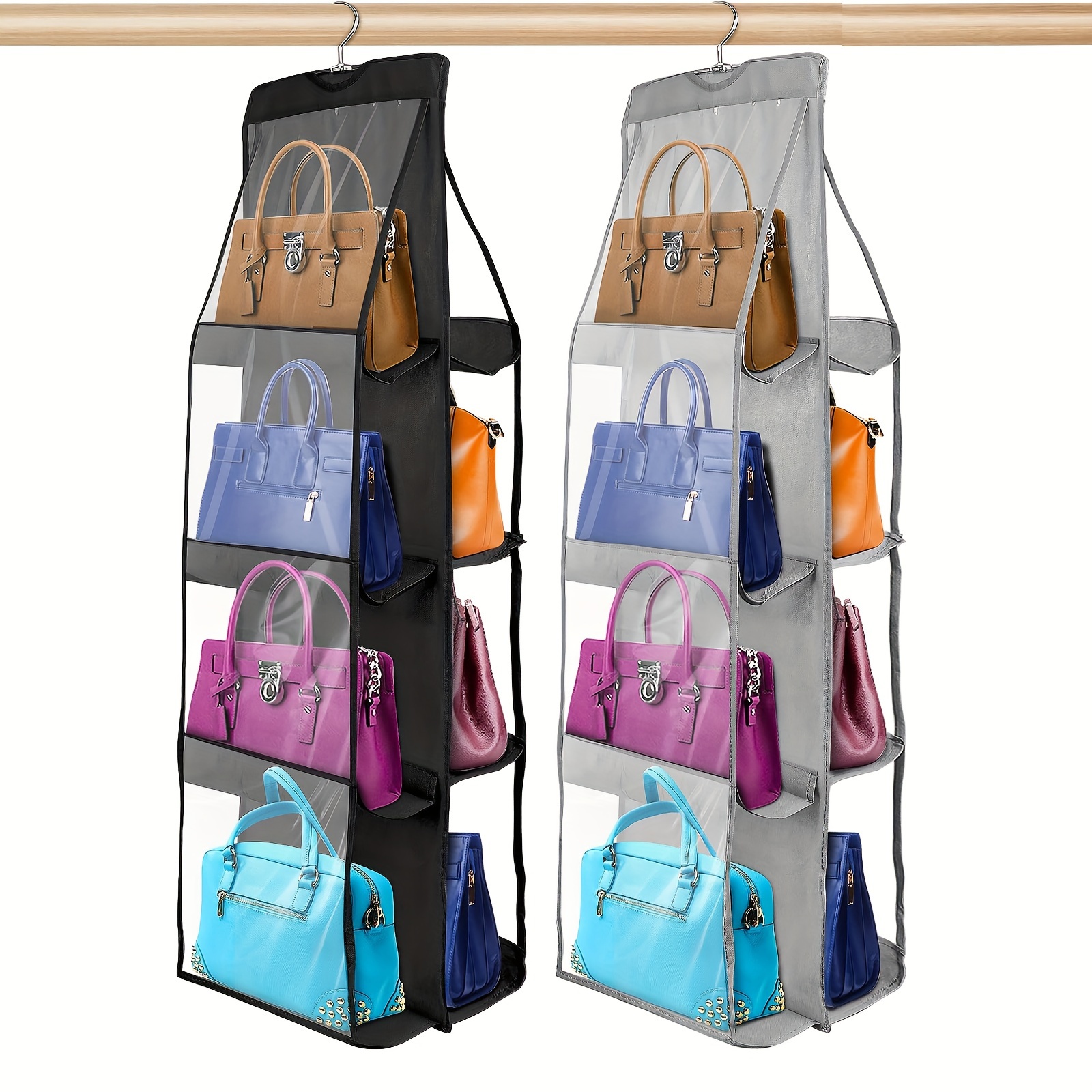 TEMU 1pc Hanging Purse Organizer For Closet, 8 Pockets Handbag Purse Holder For Closet Foldable Shelf, Upgrade Dust Proof Purse Organizer Closet With Metal Hooks