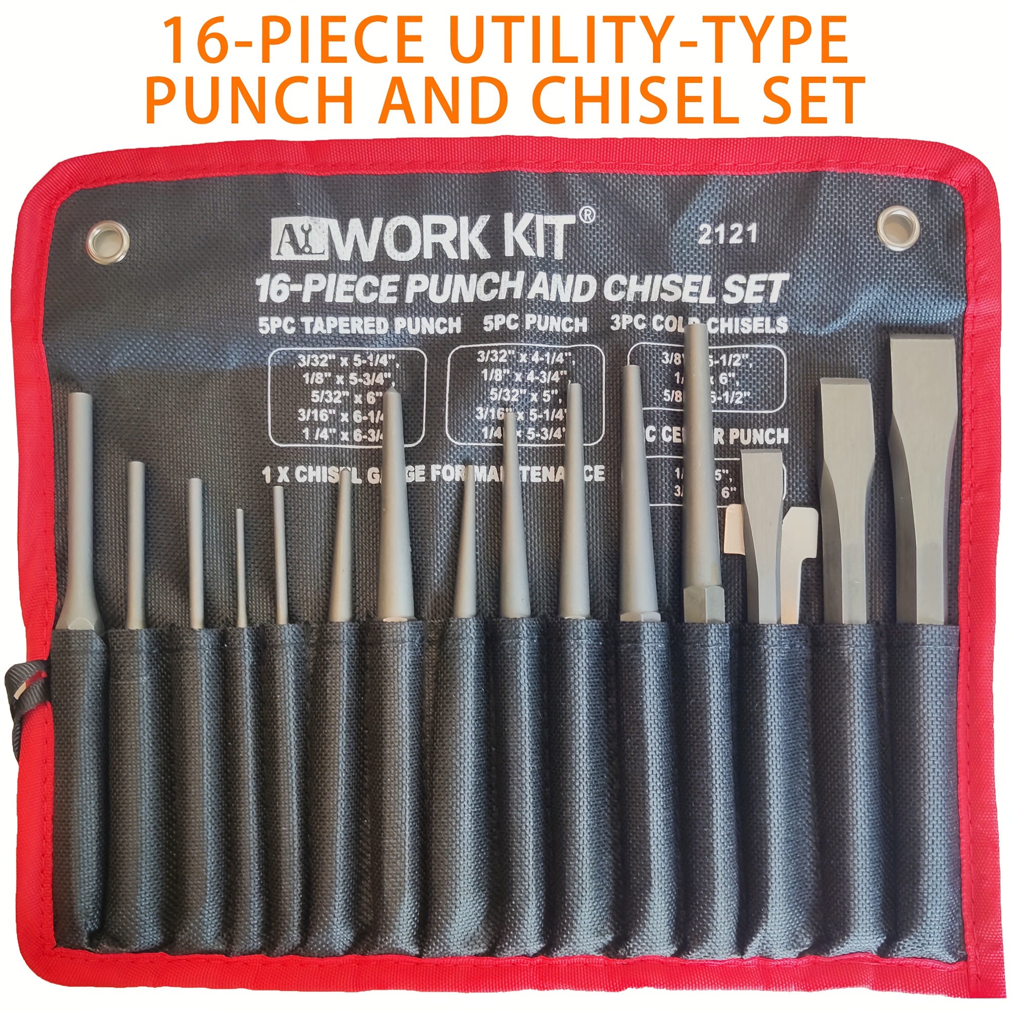 

Alworkkit 15pcs Metal Punch And Chisel Set, Cr-, Non-electric Kit With Taper Punch, Cold Chisels, Pin & Center Punches, Fabric Storage Case - Ideal Gift For