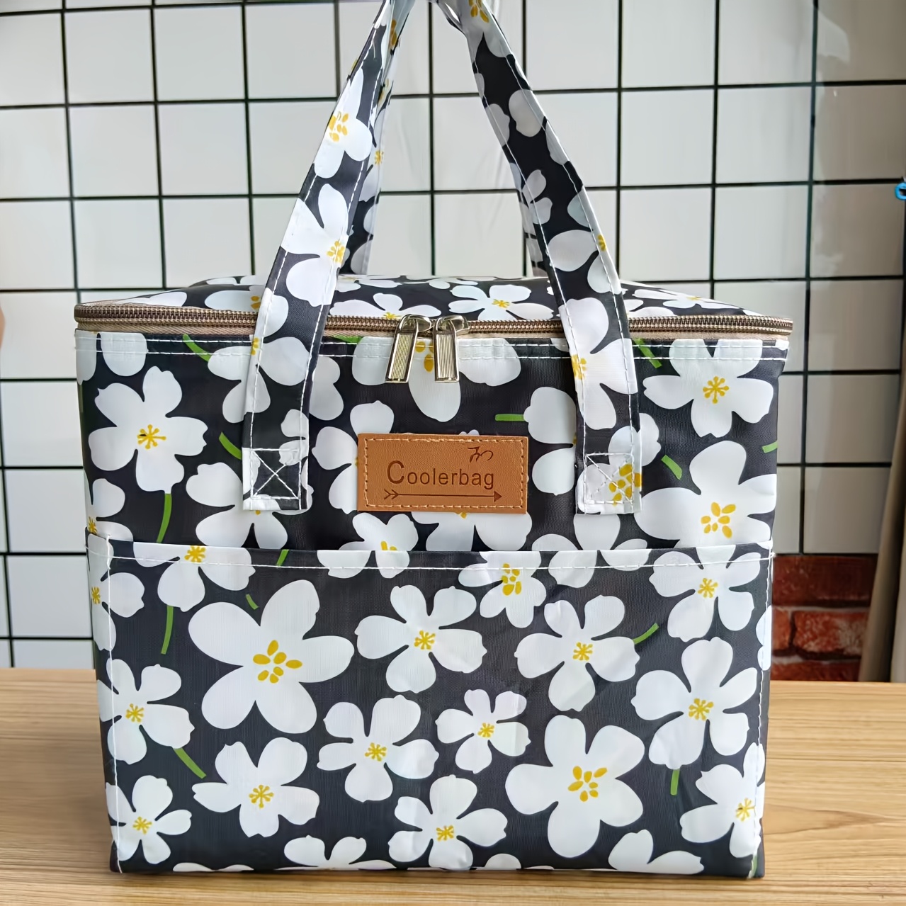 TEMU Bolsa térmica portátil de exterior de tela Oxford estampada con bolsillos cuadrados, bolsa de térmica de gran capacidad, bolsa de almacenamiento