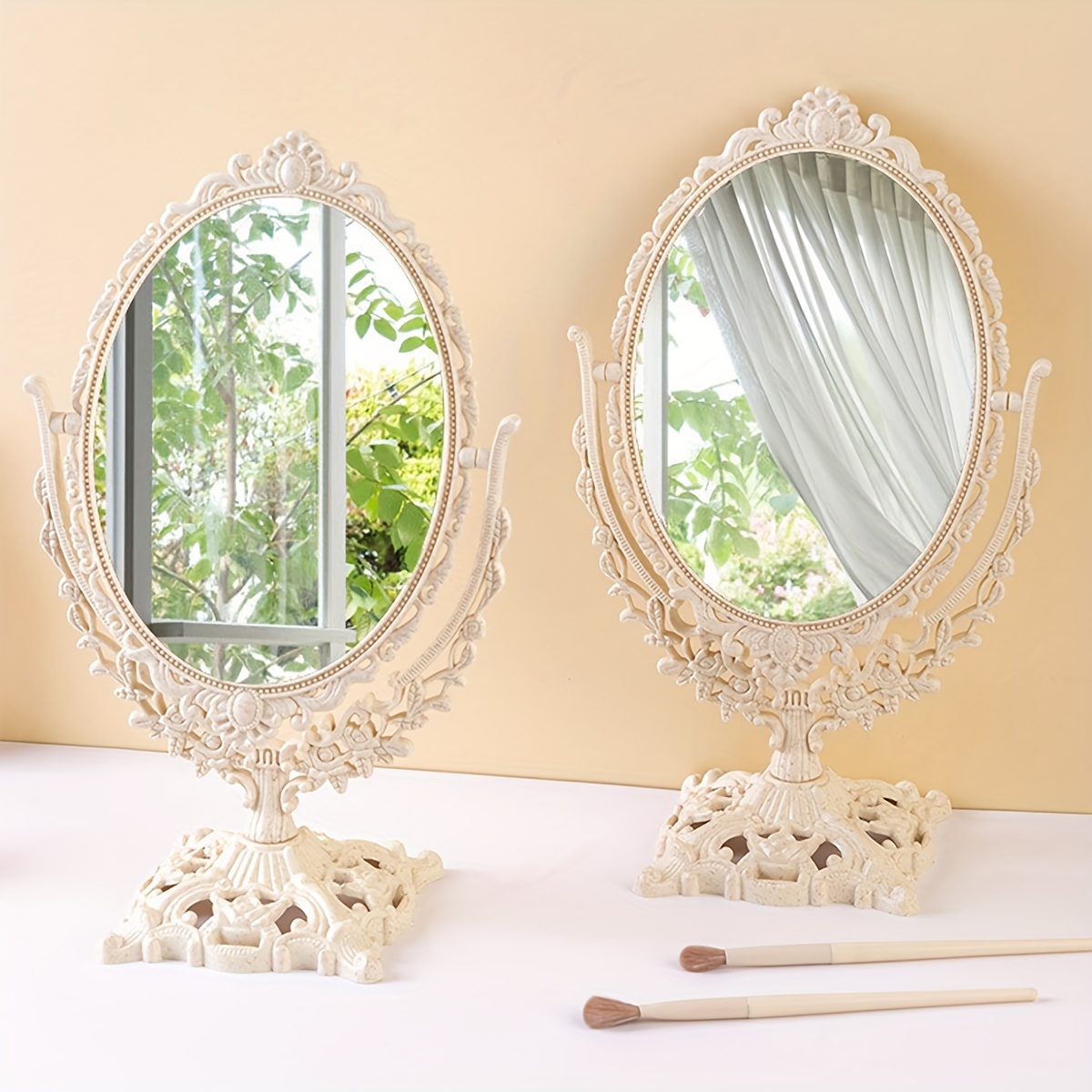 

Vintage Style Double-sided Vanity Makeup Mirror, 1pc, Rotating Tabletop Cosmetic Mirror With Ornate Stand, Princess Mirror For Bedroom And Dorm Decor, 360° Swivel Design