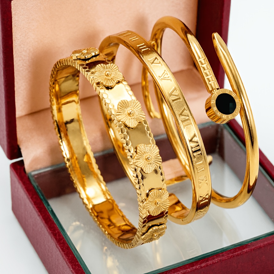 TEMU Ensemble de 3 bracelets colorés et élégants en acier inoxydable, adaptés à un port pour femme, avec classiques de fleurs et de rivets à chiffres