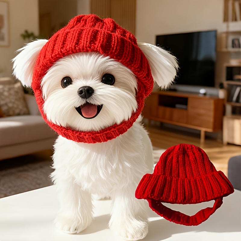 TEMU Red Knitted Pet Hat, Small Dog Autumn Winter Warm Hat, Maltese And Poodle Christmas Costume Headgear