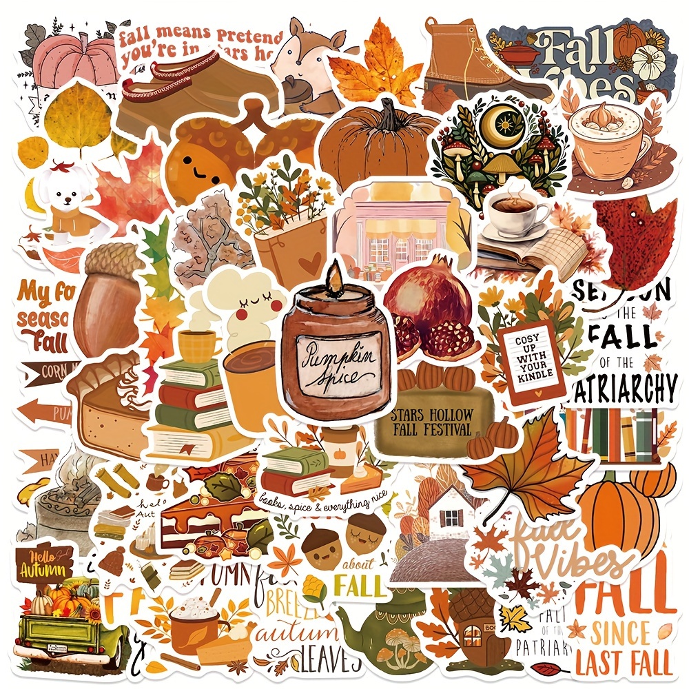 

50pcs Fall Themed Pvc Stickers - Autumn Pumpkin Maple Leaf Decals For Thanksgiving, Scrapbooking, Laptops, Bottles, Luggage, Party Decorations, Planner & Diary Accessories