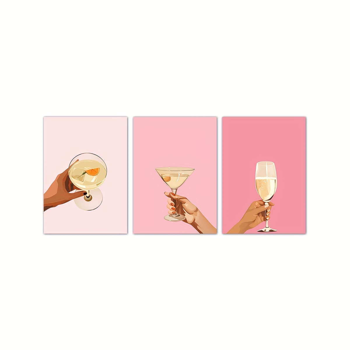 Pink Cheers Set of 3 Prints, Bar Cart Wall Decor, Cheers Cocktail Prints, Bar Accessories, Neutral Wall Art, Pink Cocktail Champagne Glasses Toast Celebration Minimalist Venue Bar Wall Decoration, No Frame