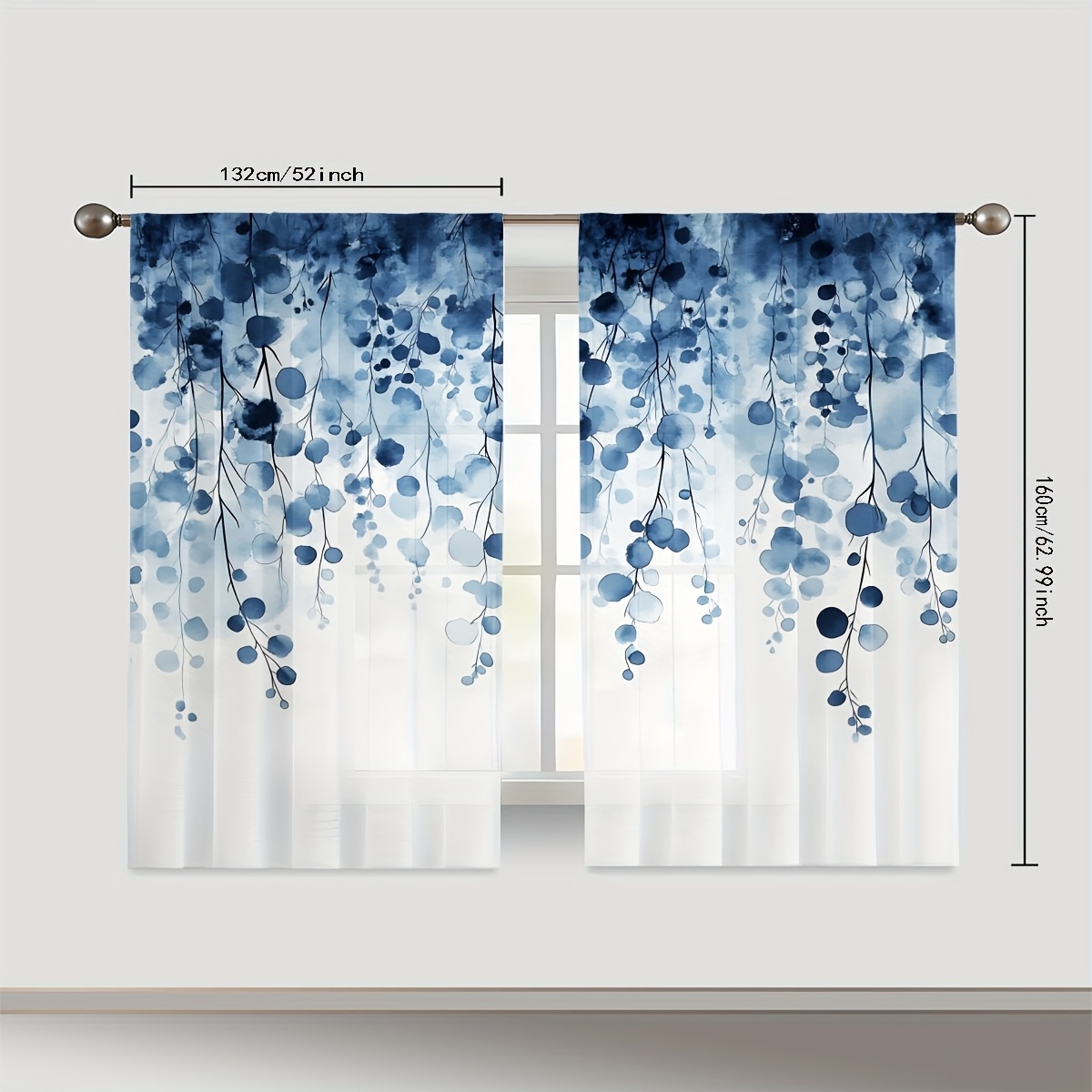 TEMU 2 Stück Aquarell Blaues Laub Abstrakte Vorhänge - Leichte Halbtransparente Terylen mit Stangenbeutel, Dekorative Gardinen für Wohnzimmer
