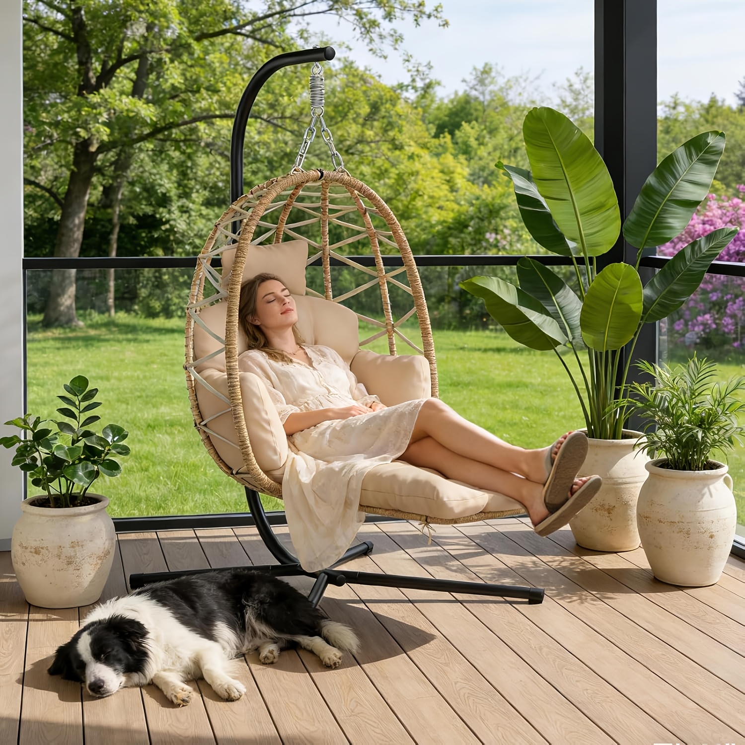 Image of A Breathable Rattan Hanging Chair With A Stand, Perfect For Outdoor And Indoor Use. Resistant To Weather , Adjustable In Height, And With A Thick Cushion. Great For Gardens, , Patios