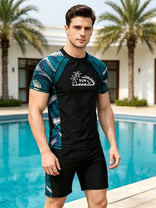 fashion print splicing color blocking mens split swimsuit set quick drying surf suit
