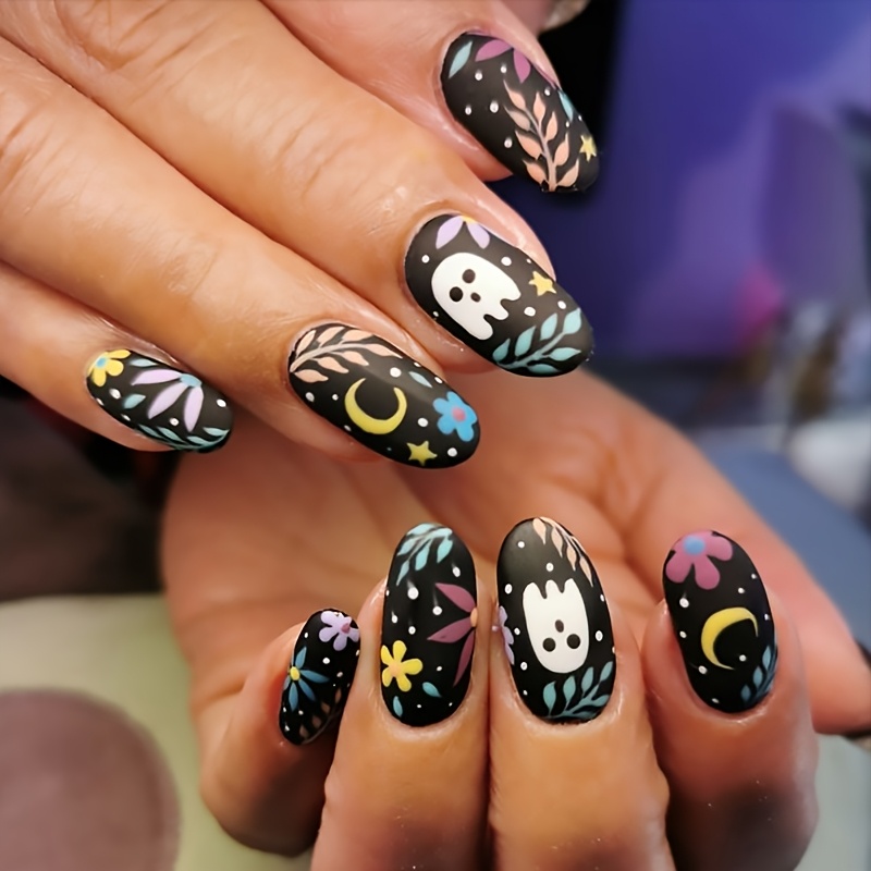 TEMU 24pcs Halloween Cute Fake Nails, Moon And Leaf Short Fake Nails, Y2k Daily Cute Outfit Women's Nail Art Gift