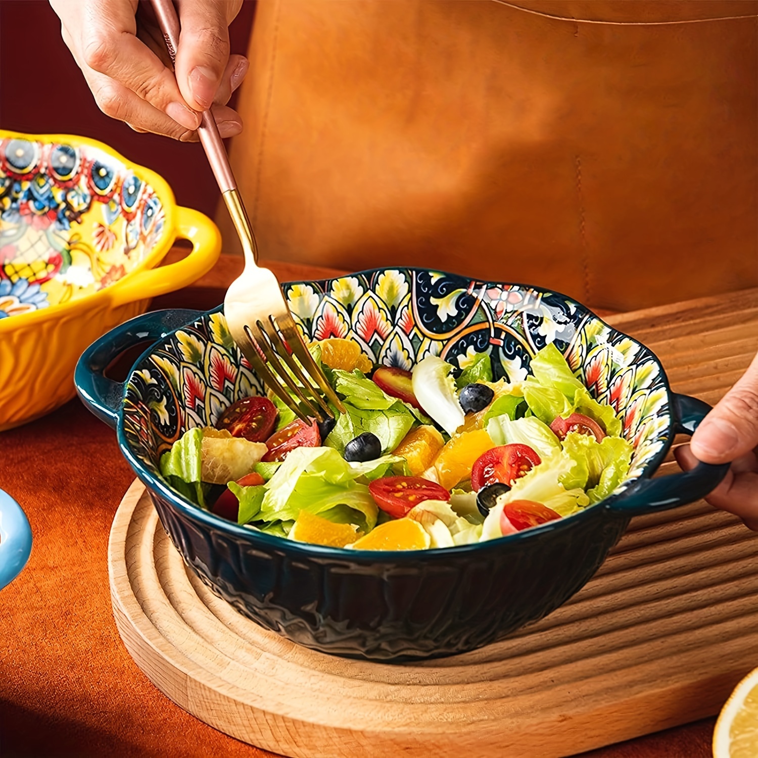 

2-piece Set 9.45" Colorful Ceramic Bowls With Dual Handles - Microwave Safe, Perfect For Salads, Soups & Ramen - Ideal For Home Kitchen & Restaurant Use