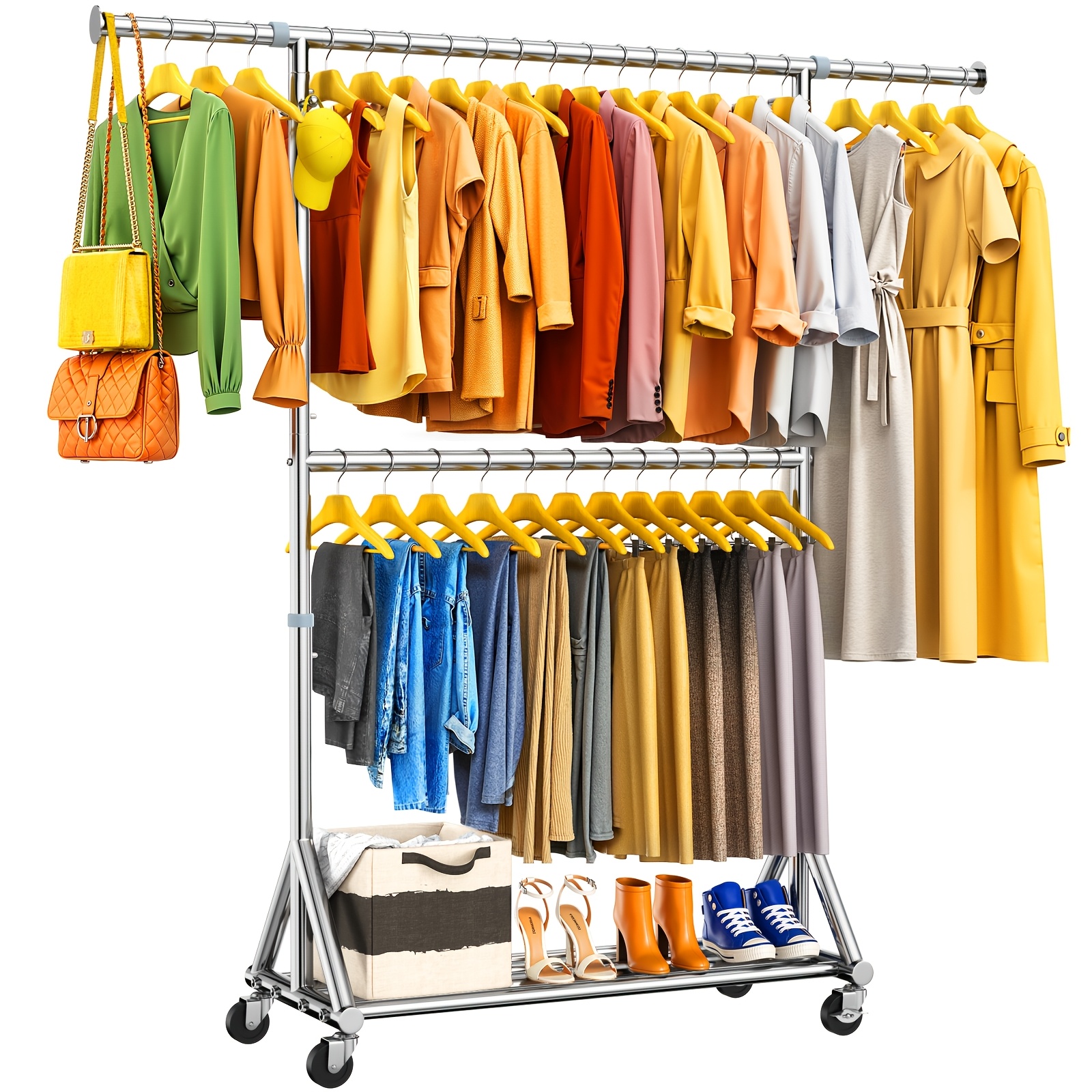 TEMU Steel Heavy Duty Clothes Rack Load 860lbs, Adjustable Height Double Rods Clothing Racks For Hanging Clothes, Rolling Garment Rack With Sturdy