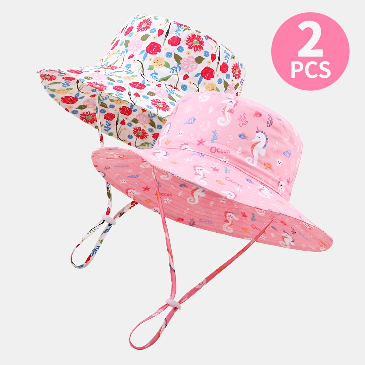 item picture 2pcs girls floral ocean print wide brim bucket hats with adjustable drawstring for outdoor leisure and sun
