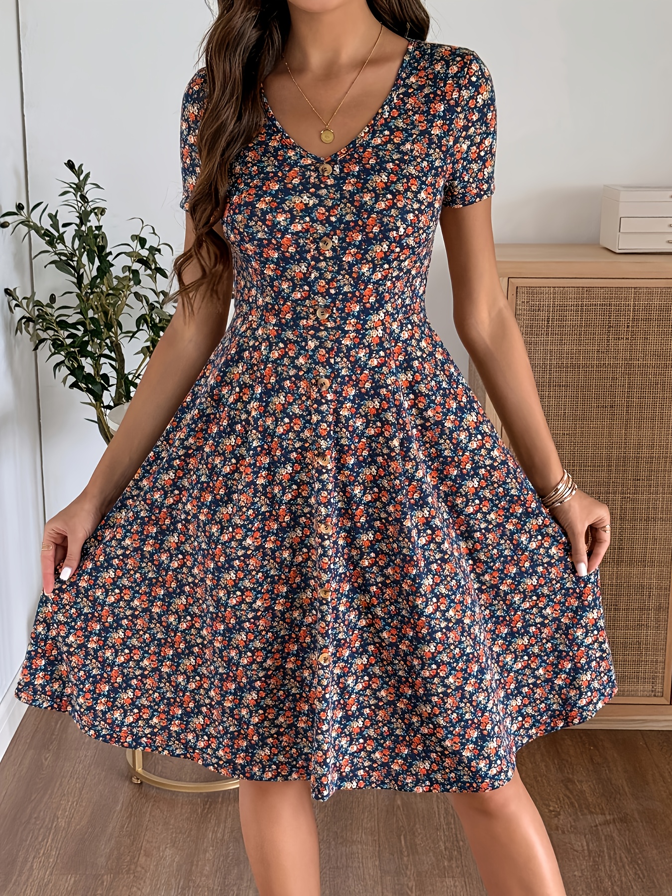 Summer Short Sleeve V Neck A Line Dress Ditsy Floral * Button Flared Swing  Dresses for Women Daily * Vacation