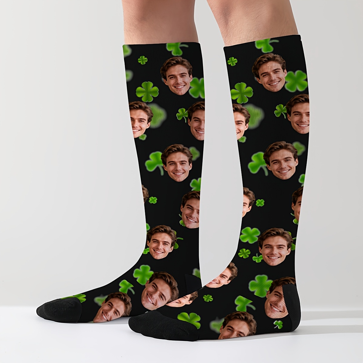 TEMU 1 Pair Of Custom Face Pressure Socks â Personalized 's Day Clover Design Long Socks, A Gift For Birthdays/parties//gatherings/valentine's