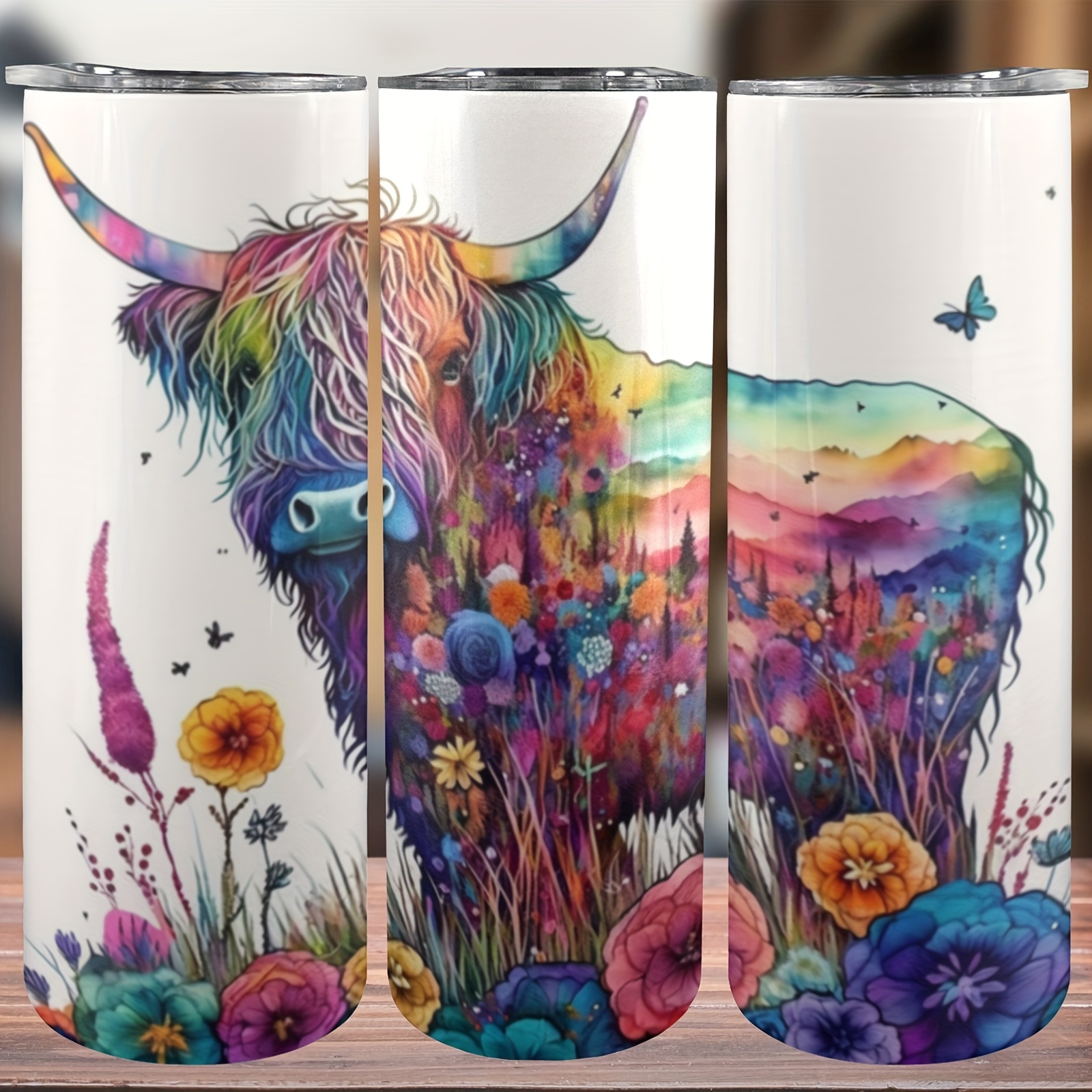 

1pc 20oz Watercolor Highland Cow And Wild Flowers Tumbler Insulated Coffee Cup Beverage Container Travel Mug With Lid Double Wall Stainless Steel