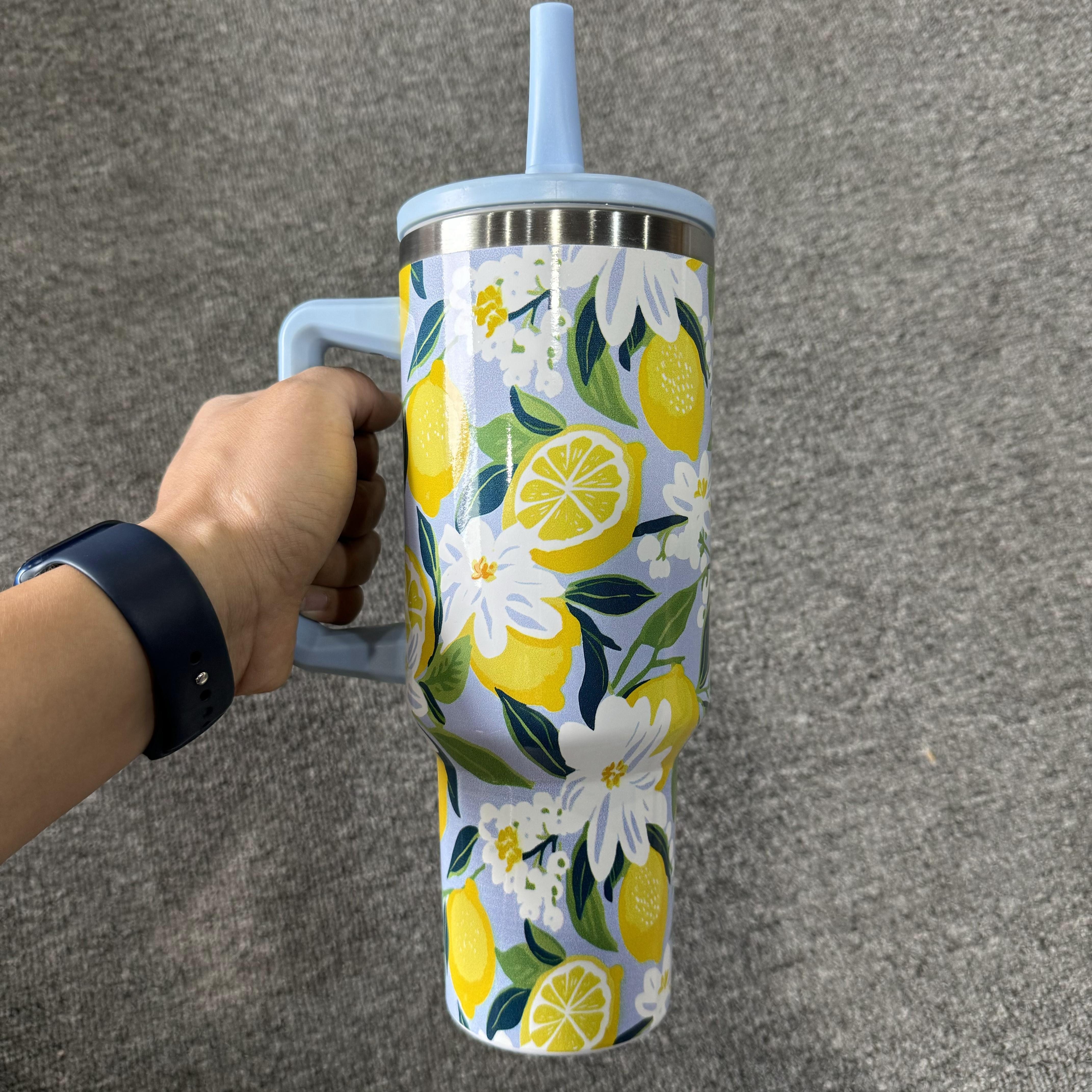 

40oz Stainless Steel Tumbler With Lid & Straw - Fruit Lemon Print, Reusable Travel Cup For Hot And Cold Beverages