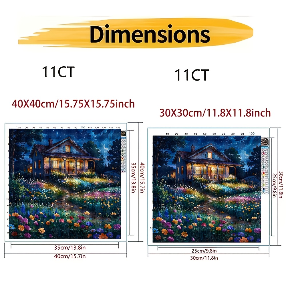 DIY Cross-Stitch Printed Kit, Unframed, "Night House in Full Bloom"