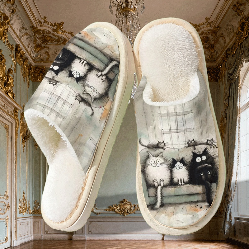 TEMU Pantuflas de interior estilo "Sofa Family" divertidas, con un , múltiples gatos se reúnen en el sofá, exudando un vivo y adorable, llenas de