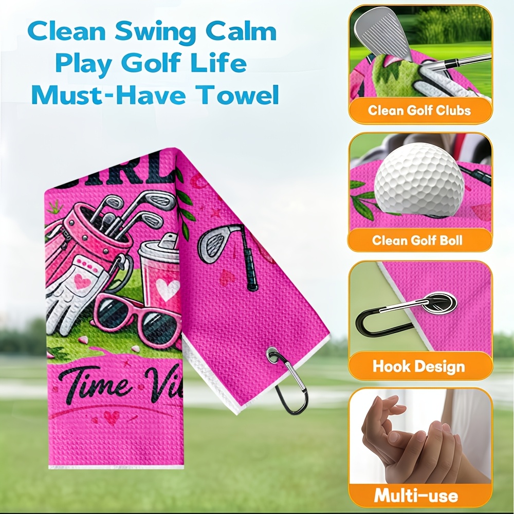 TEMU 1pc 15.7 .6 Inch Waffle Golf Towel, Girls' Golf Theme Design, Club Cleaning, Portable, Durable Cleaning Cloth, Soft, Quick-dry And Absorbent,