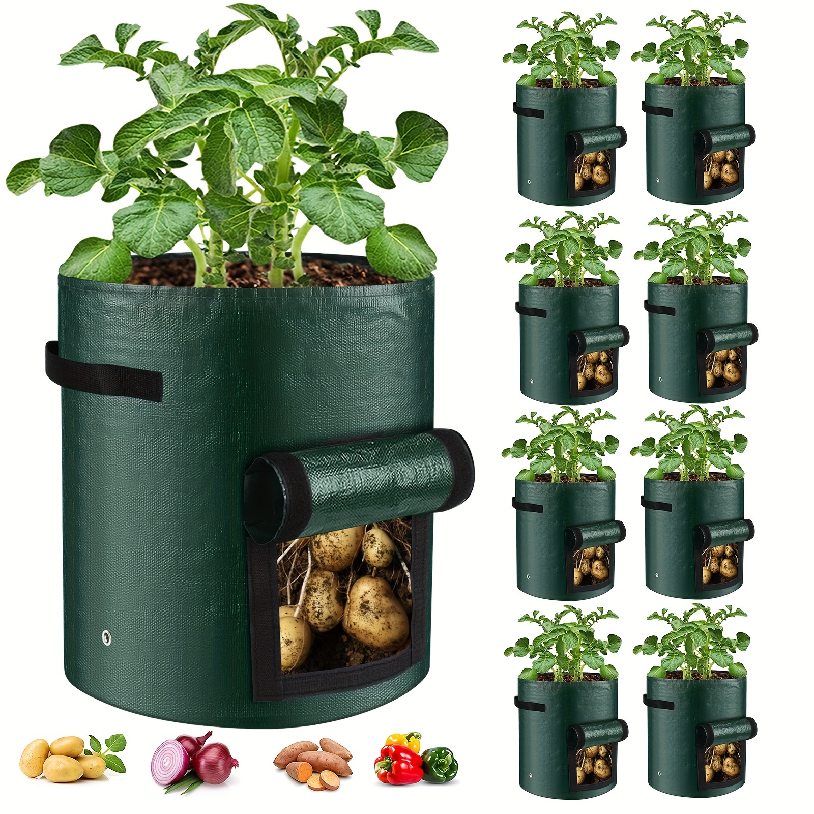 

10 Gallon Grow Bags, 8 Pack Durable Pe Fabric Pots With Flap And Handles, Green Planter Bags For Potato Vegetables Flowers Herbs Garden Outdoor, 17.7''x13.8'' Large For All Plants Growing