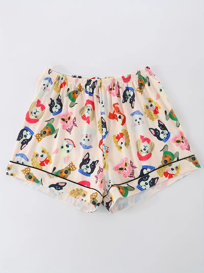 womens pajama set three pieces cute cartoon animal cute puppy casual collar top with drawstring waist shorts and trousers summer wear button pocket details comfortable knit fabric adult Product details 6