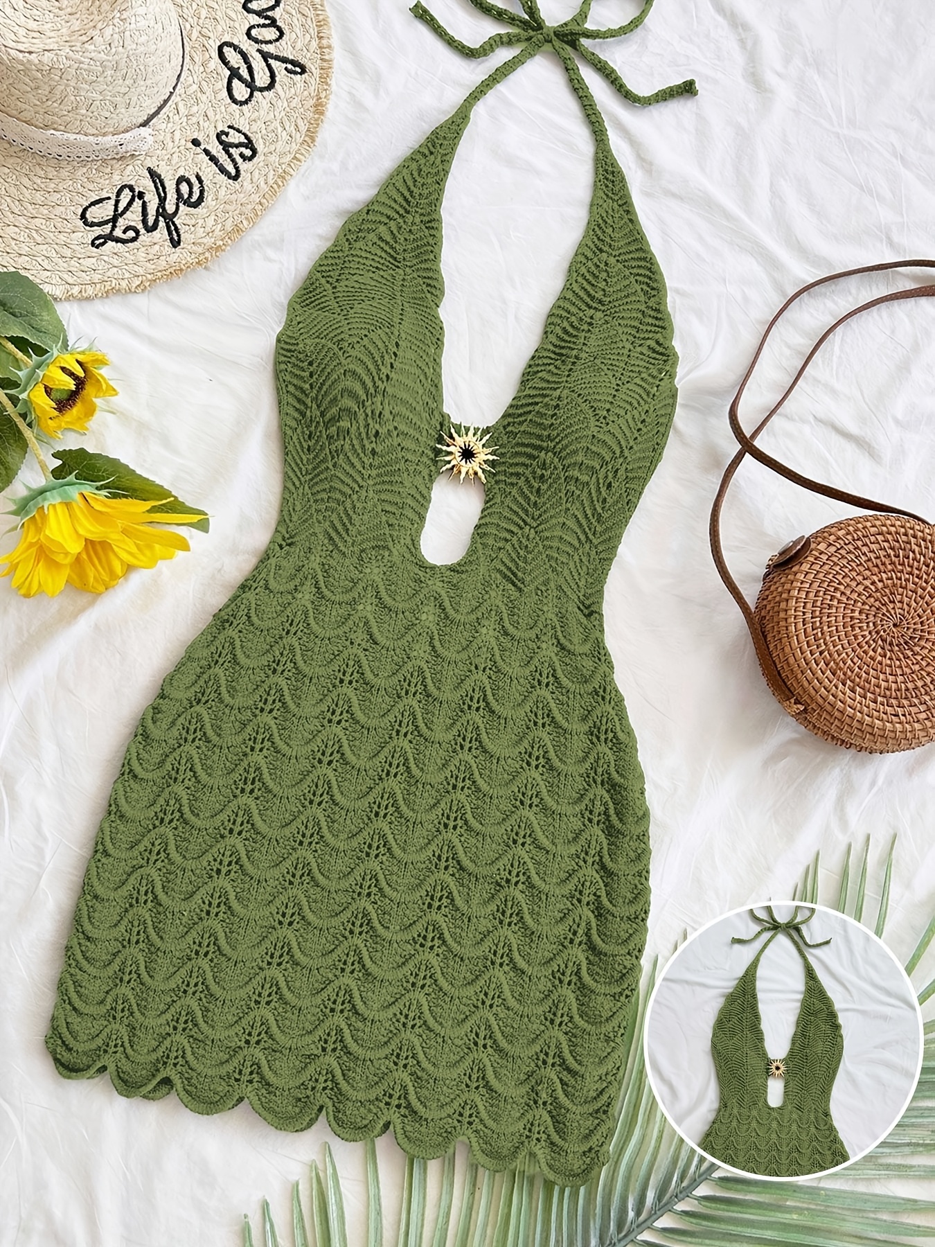 green emerald velvet dress Olive Crochet Halter Neck Maxi Dress