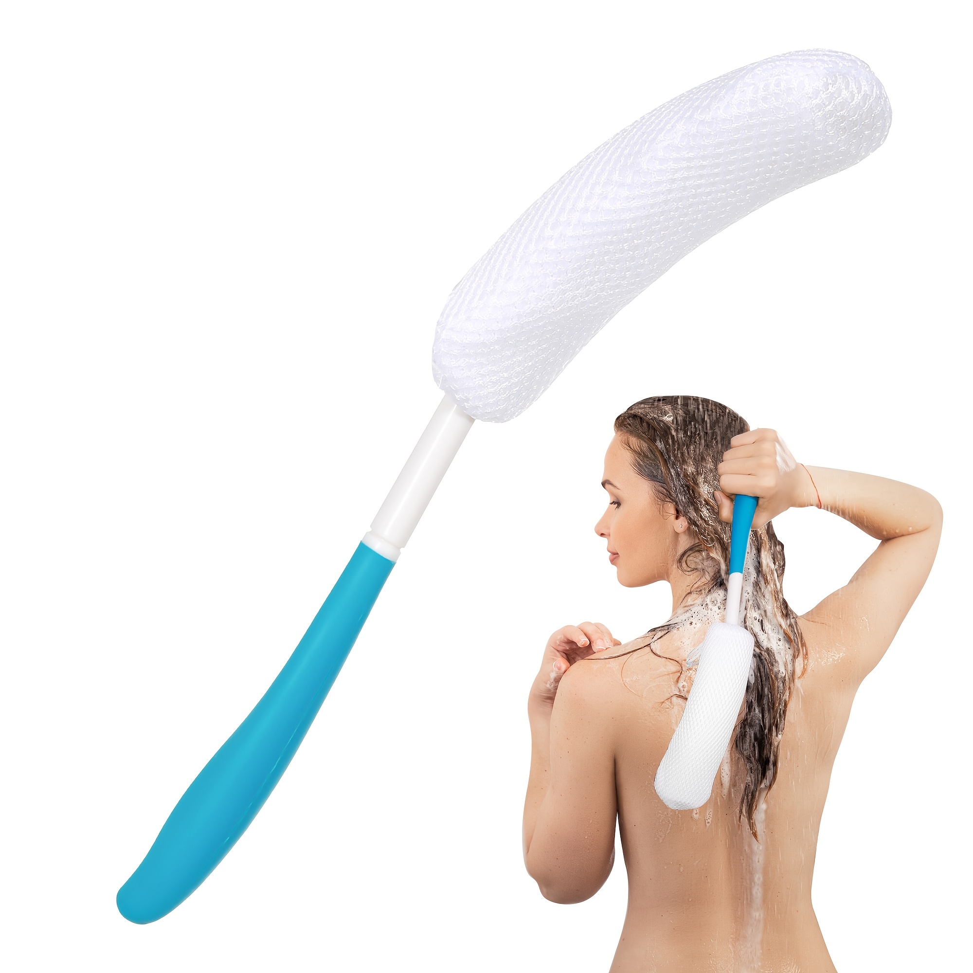 1pc long handle back scrubber shower brush non slip curved   bristles for   gentle exfoliation white with blue accent   beige scrubber curved handle brush comfortable use Product details 3