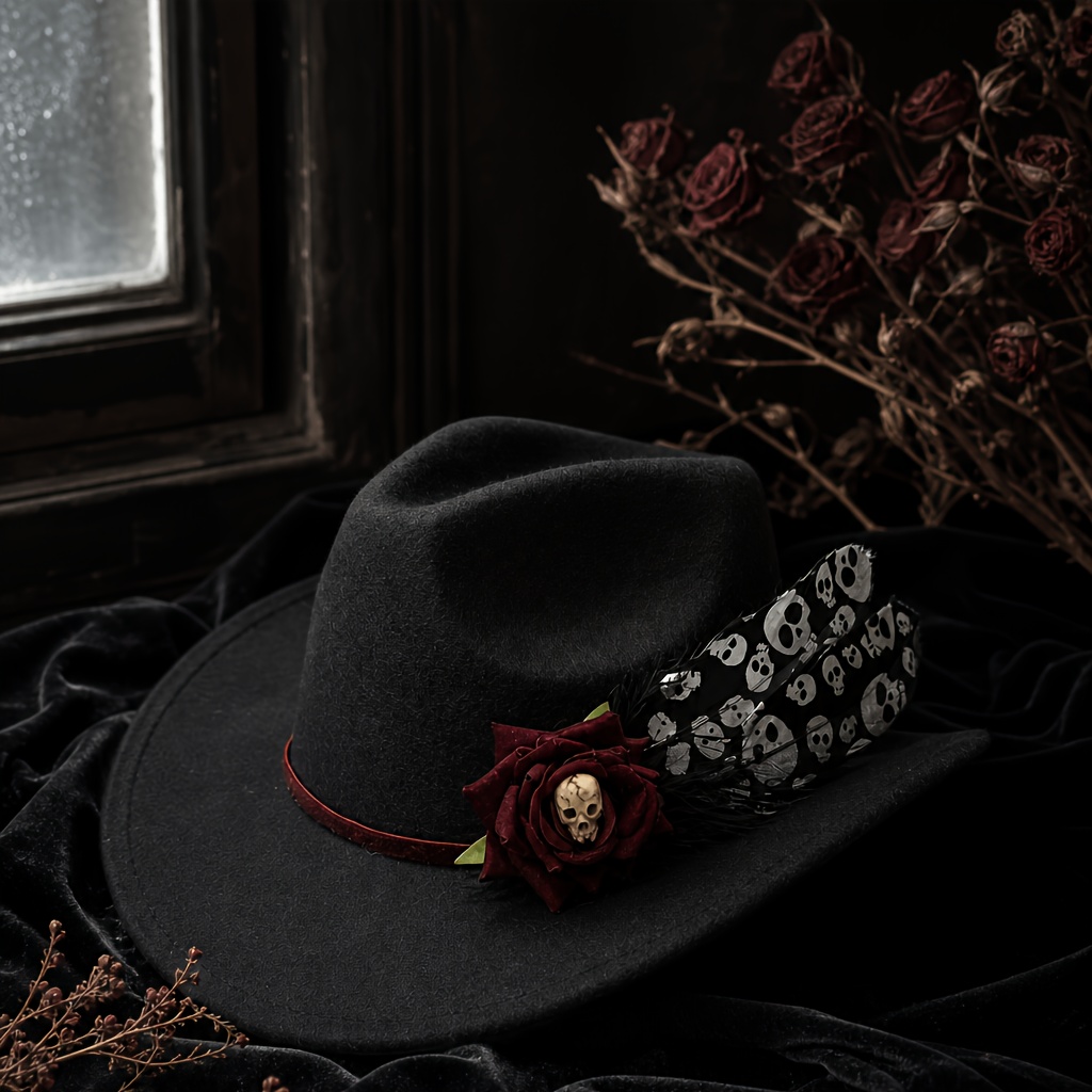 TEMU Cappello a tesa larga da per dei Morti e Halloween, Fedora con , rosa e piuma, Copricapo per costume da cosplay per feste con fascia in velluto