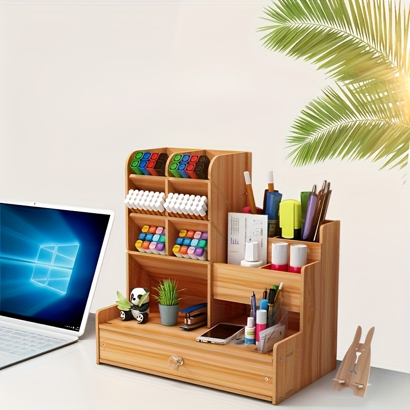 

1pc Organiseur de bureau en bois avec support lapin, porte-stylo multi-compartiments de grande , casier de rangement de bureau créatif de style nordique, couleur aléatoire