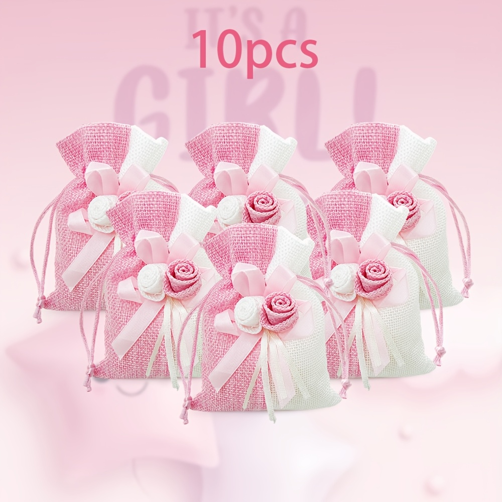 TEMU 10pcs Blue Plus White And White 2 Drawstring Gift Bags Pink And Blue Roses Designed Drawstring Gift Bags Used For Weddings And Birthday Parties